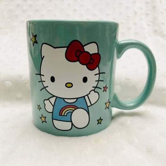Hello Kitty Stars & Rainbow Letters 14oz Teal Ceramic Coffee Mug- NEW - Picture 1 of 6